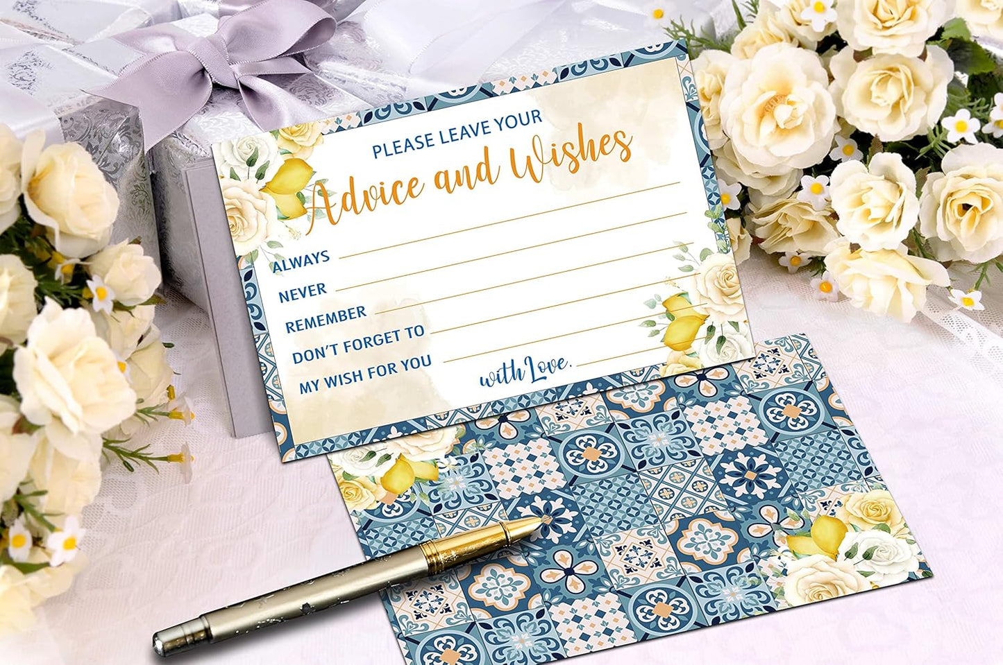 Mediterranean Lemon Advice and Wishes Cards, 25 Pcs Italian Blue Tiles Double Sided Advice Cards for The Bride and Groom, Mr and Mrs, Bride Shower, Wedding Reception, Engagement Party(01)