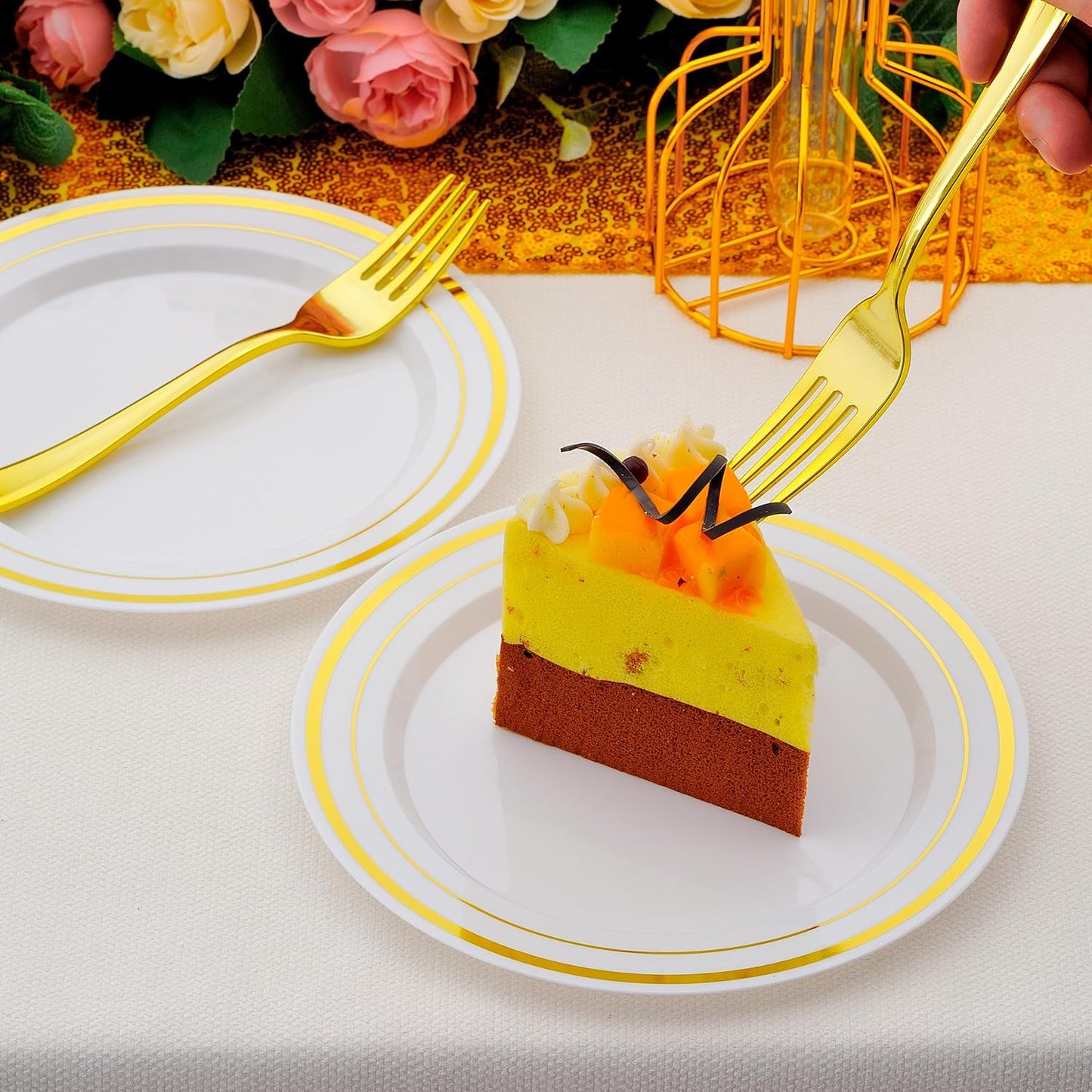 200pcs Gold Dessert Plates with Forks for 100 Guests-100pcs 7.5" Small Plastic Dessert Plates and 100pcs 7.4" Forks-Disposable Cake/Appetizer/Salad Plate for Wedding/Birthday/Party