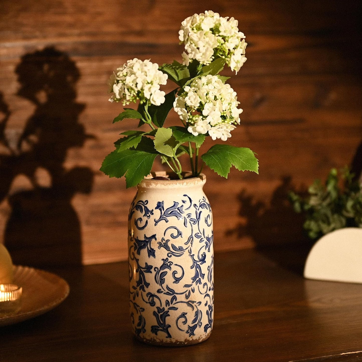 VICTOR & TERESA Rustic Blue and White Vase for Home Decor, Ceramic Vases for Flowers, Modern Farmhouse Decorative Vases for Pampas Grass,Table, Mantel, Living Room,Bookshelf, Centerpieces, 8''