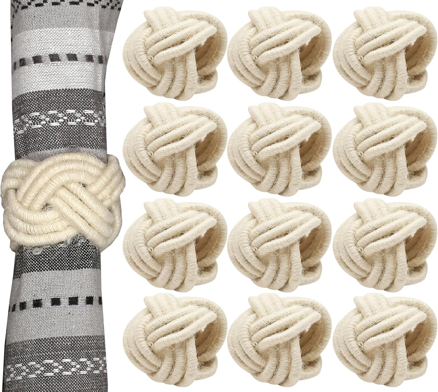 Farmhouse Napkin Ring Set of 12 - Handwoven Cotton & Jute Knot Design for Table Decor, Weddings, Dinner Parties & Everyday Dining - Decorative Adornment for Table Setting (Off White) - CLEENTABLE