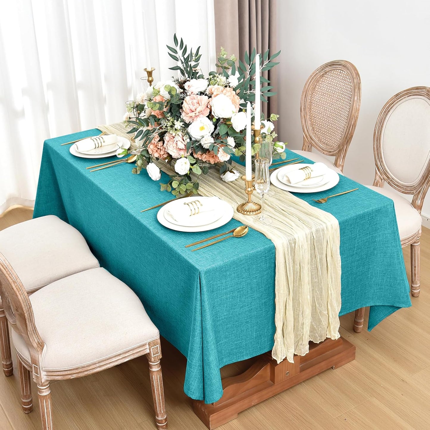 Fitable Square Table Cloth Linen Textured: Water & Stain Resistant Farmhouse Tablecloth, Washable Burlap Table Covers for Kitchen Dining Party(2 Pack, 54x54 Inch, Teal)