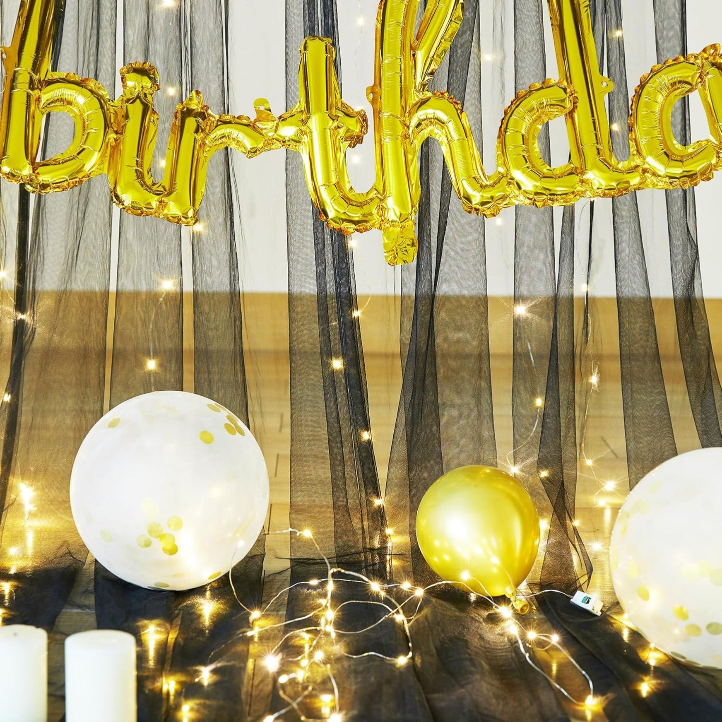 Black Backdrop Curtains with Lights String for Parties Wedding Bridal Shower 10×10ft Sheer Tulle Backdrop Curtain Panels for Baby Shower Birthday Party Photo Shoot Background Wall Decorations