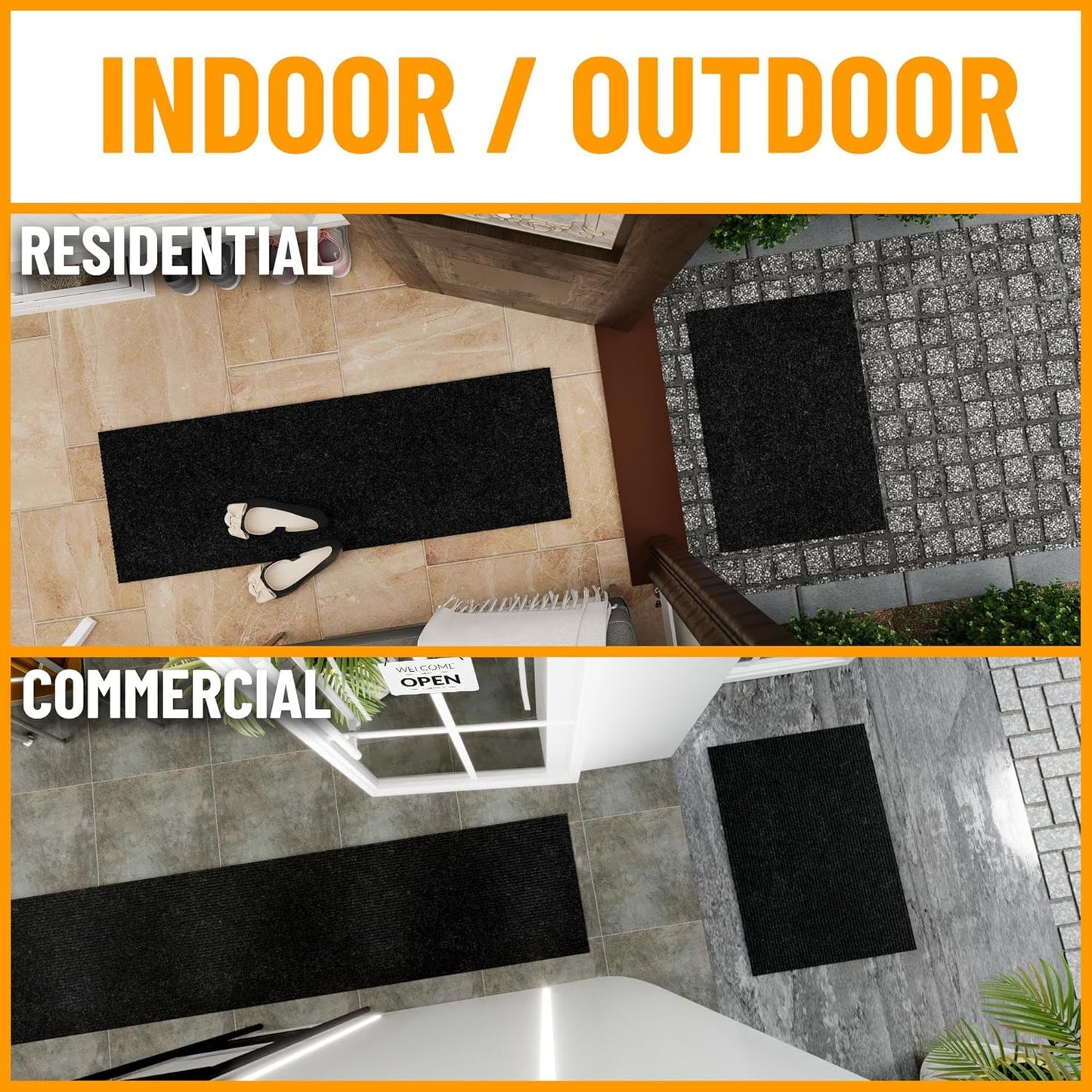 Ottomanson Mud Mat 2' x 4' Entryway Rug - Non-Slip Scraper Doormat for Muddy Paws, Dirt Trapping Indoor/Outdoor Mat for High-Traffic Areas, Kitchen, Garage, Patio, Black