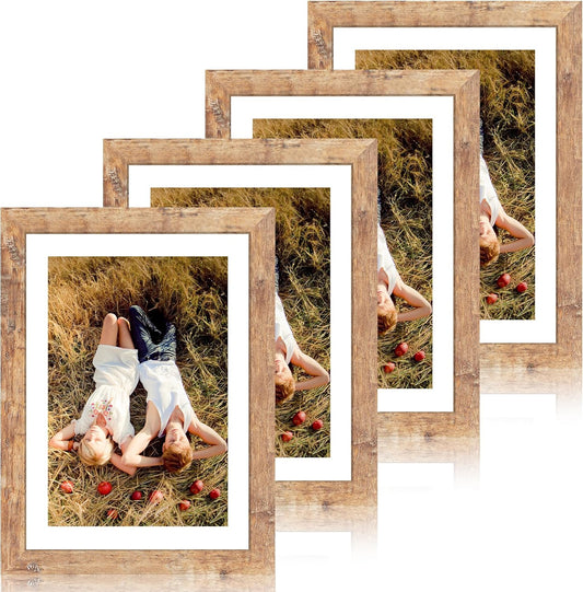 10x14 Picture Frame Set of 4 with Tempered Glass, Rustic Brown Frame Display 8x12 Pictures with Mat or 10 x 14 Without Mat, Wooden Photo Frames for Wall Mounting