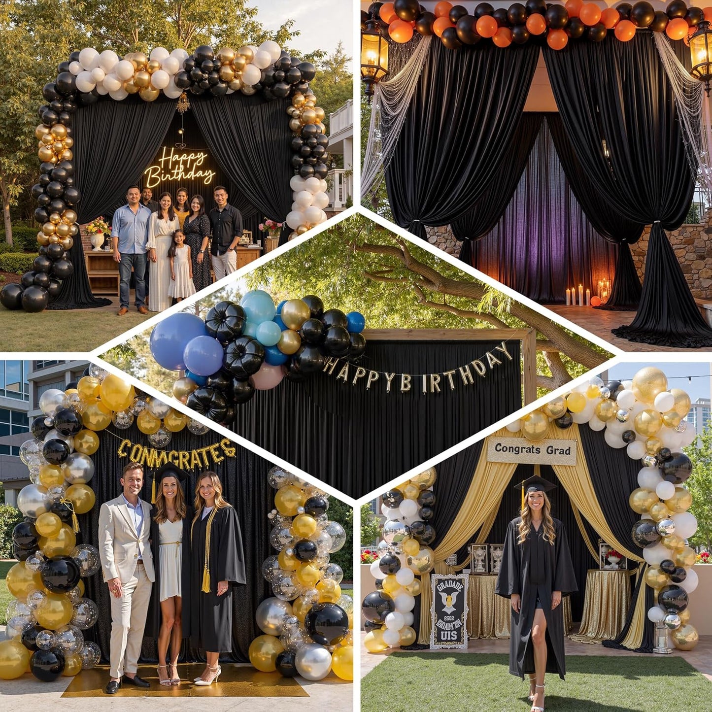 PartyVillage 50ft×15ft Black Backdrop Curtain for Halloween Parties, 10 Panels Wrinkle Free 15 FT Long Polyester Photo Backdrop Drapes Back Drop Cloth for Birthday Photography Background