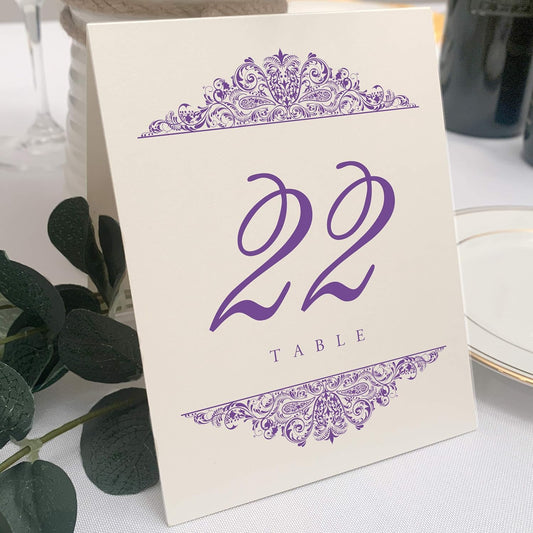 Paisley Wedding Table Numbers (Select Color/Quantity), Champagne, Purple, 1-100, Double Sided, Tent or Use in a Stand, Great for Parties & Restaurants - Made in the USA