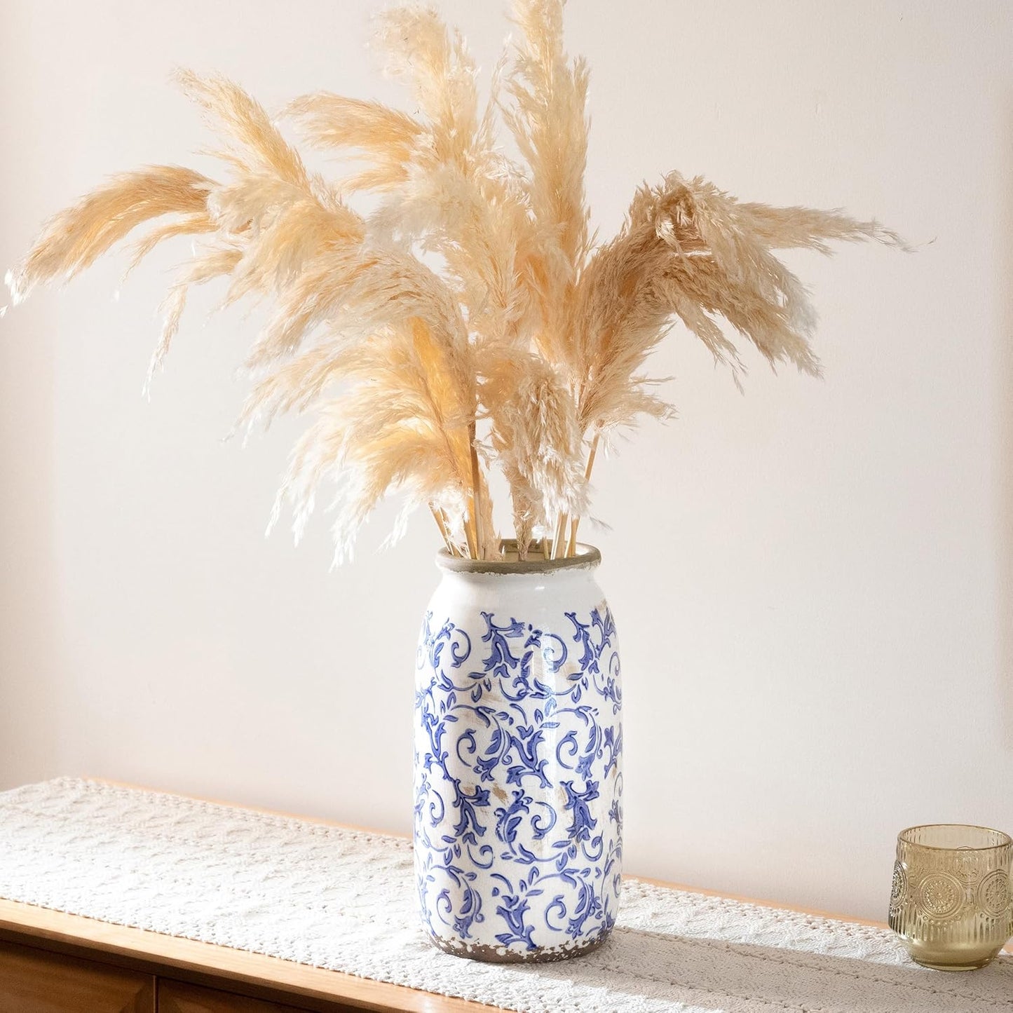 VICTOR & TERESA Rustic Large Blue and White Vase for Home Decor, 10'' Tall Ceramic Vases for Flowers, Farmhouse Decorative Vases for Pampas Grass,Table, Mantel, Living Room, Centerpieces