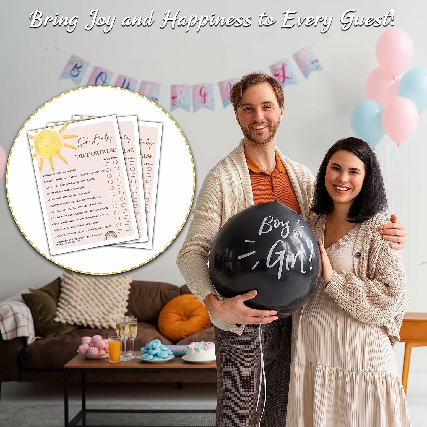 YSTEP Boho Sunshine 30 Oh Baby True or False Game Cards with 1 Answer Card, Gender Reveal Party Supplies Favors (5"x7") - D03