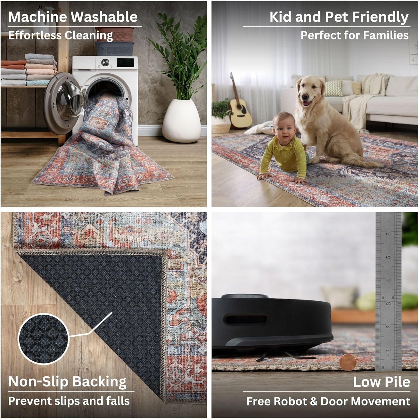 Bloom Rugs Washable Non-Slip 4' x 6' Rug - Terracotta/Blue Traditional Medallion Area Rug for Living Room, Bedroom, Dining Room, and Kitchen - Exact Size: 4' x 6'