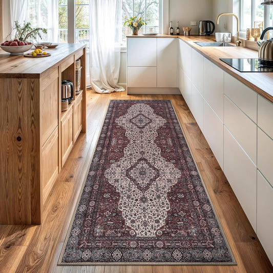 Bloom Rugs Washable Non-Slip 12 ft Runner - Red/Green/Cream Traditional Medallion Runner for Entryway, Hallway, Bathroom, and Kitchen - Exact Size: 2.5' x 12'