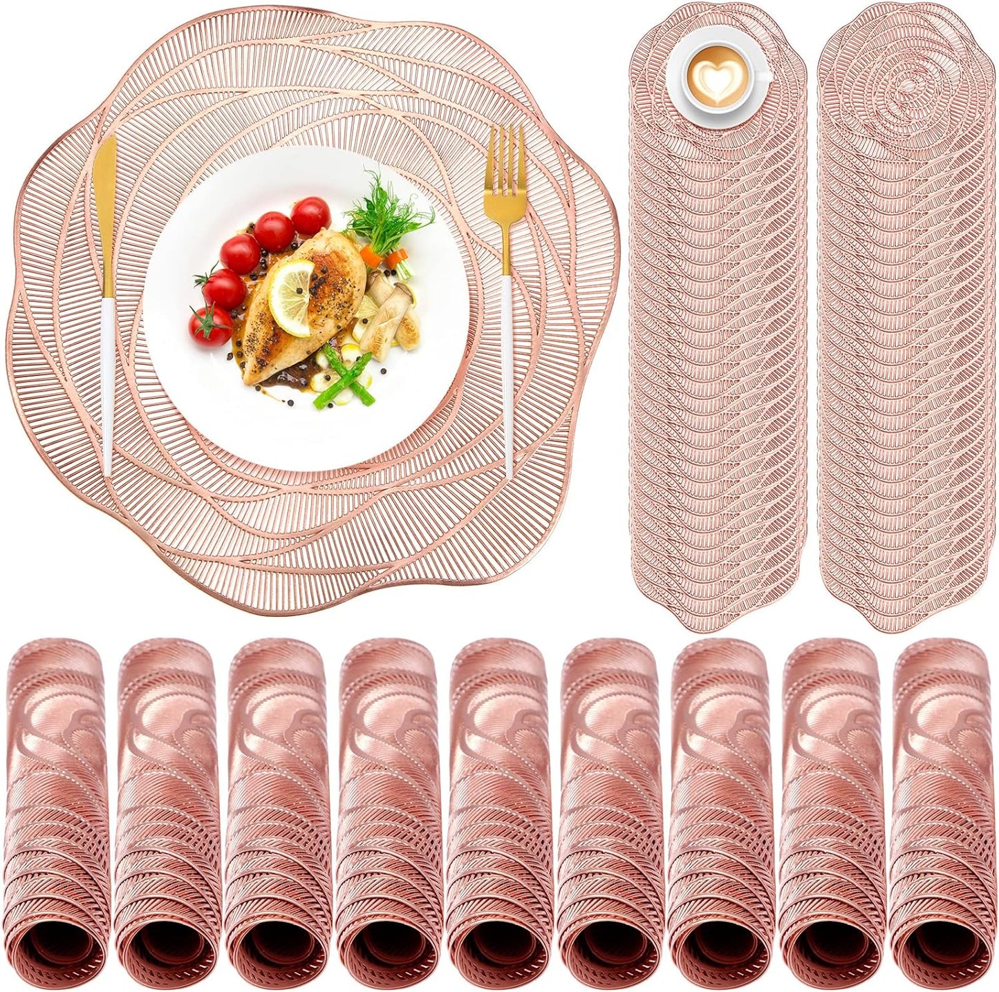 Sieral 48 Set 15 Inch Round Pressed Vinyl Placemats Hollow Out Rose Placemat Set Metallic Slip Resistant Place Mat Coaster Including Place Mats and Coasters for Wedding Dining Kitchen (Rose Gold)