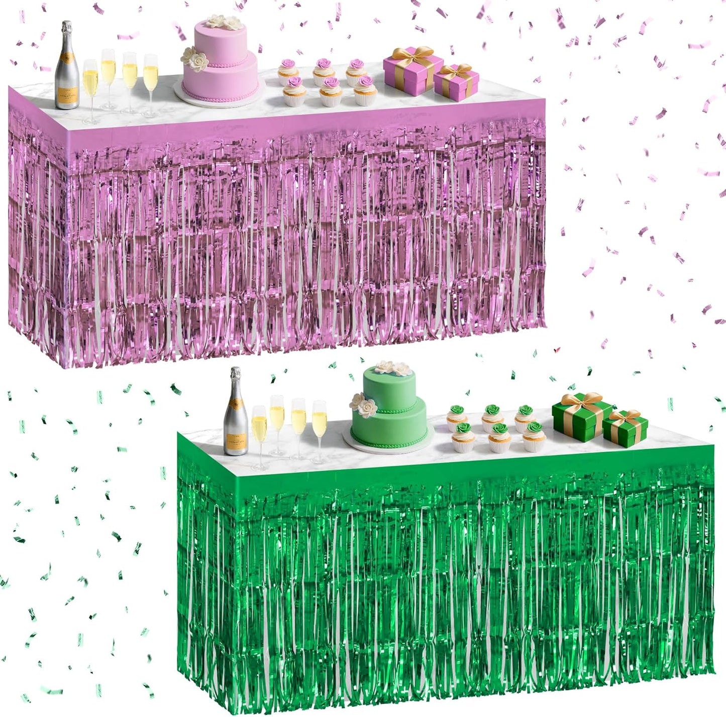 2 Pack Light Pink Green Table Skirts, 29x108" Metallic Foil Tinsel Fringe Table Skirt for Rectangle Tables Streamer Curtains Backdrop, Party Decorations for Birthdays, Weddings, Holidays