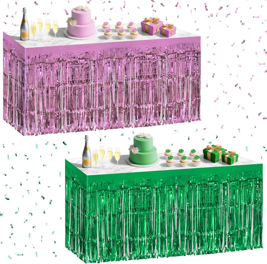 2 Pack Light Pink Green Table Skirts, 29x108" Metallic Foil Tinsel Fringe Table Skirt for Rectangle Tables Streamer Curtains Backdrop, Party Decorations for Birthdays, Weddings, Holidays