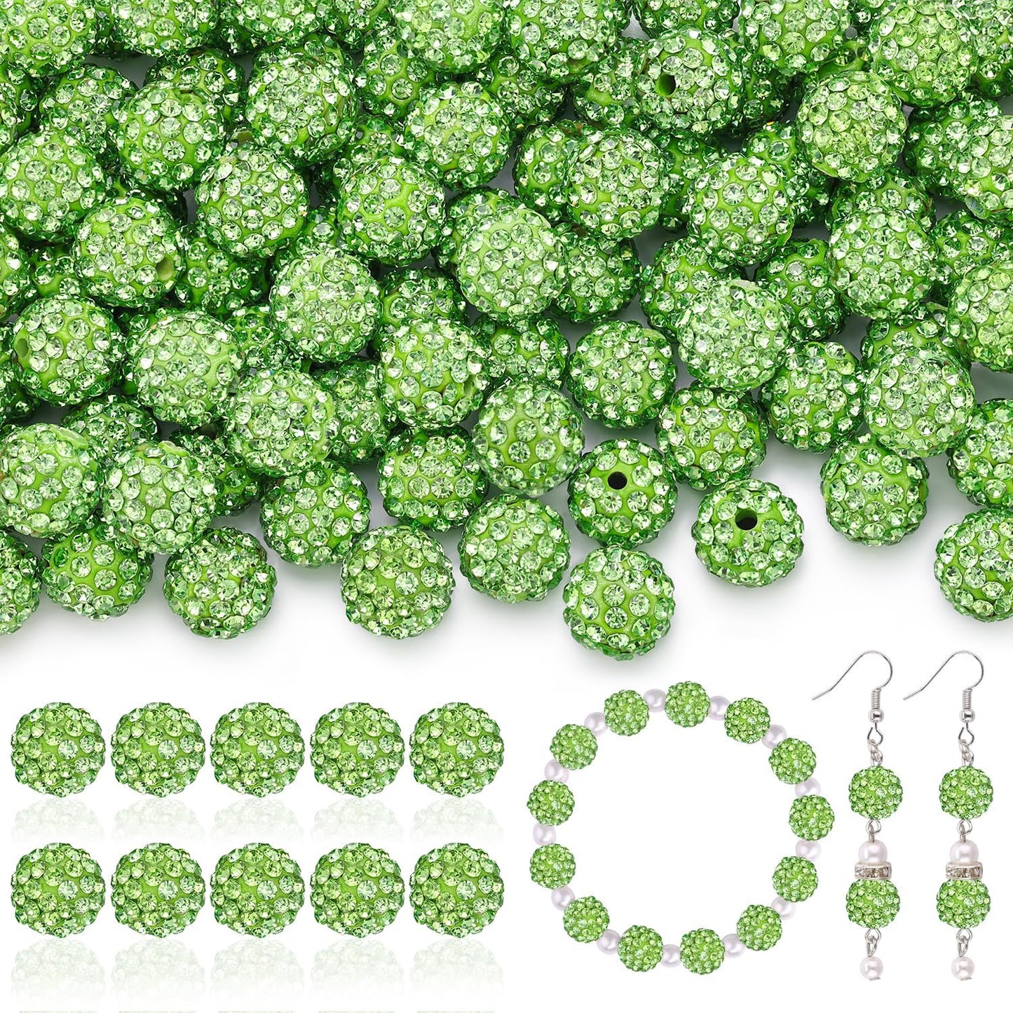 200pcs 10mm Rhinestone Beads for Jewelry Making, Light Green Shiny Round Disco Ball Beads Bulk, Sparkle Crystal Clay Christmas for Bracelet Baseball Necklace Earring Crafting and DIY