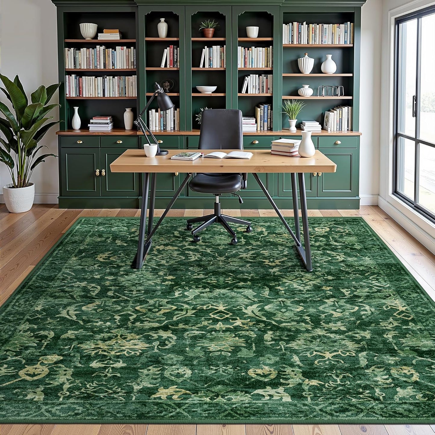 Deep Green Area Rugs 5x8 for Living Room, Washable Vintage Rugs for Bedroom, Distressed Throw Rug, Non Slip Rug Carpet for Bedroom Dining