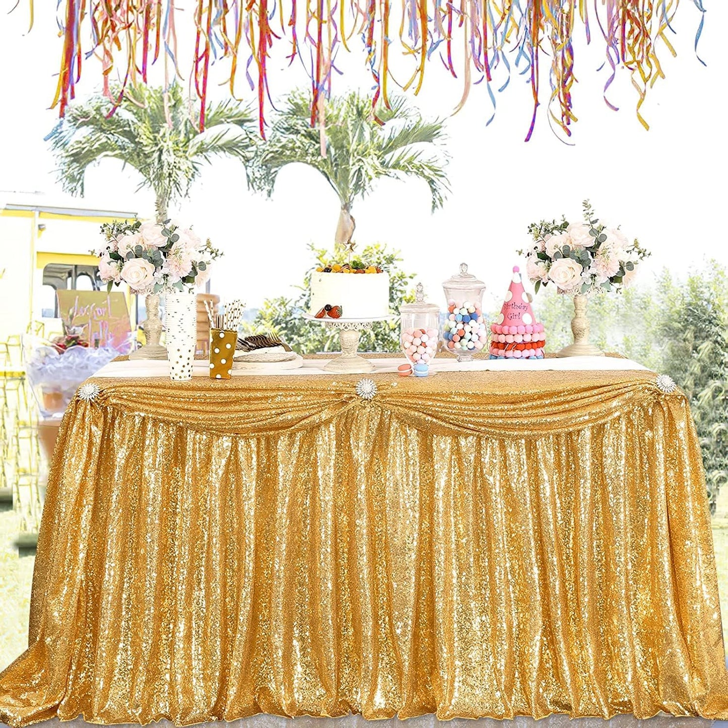 QueenDream Gold Table Cloth Party Decorations: Sequin Fabric 90x90 Inch Sparkle Tablecloths - Gold Drapes Wedding Overlay