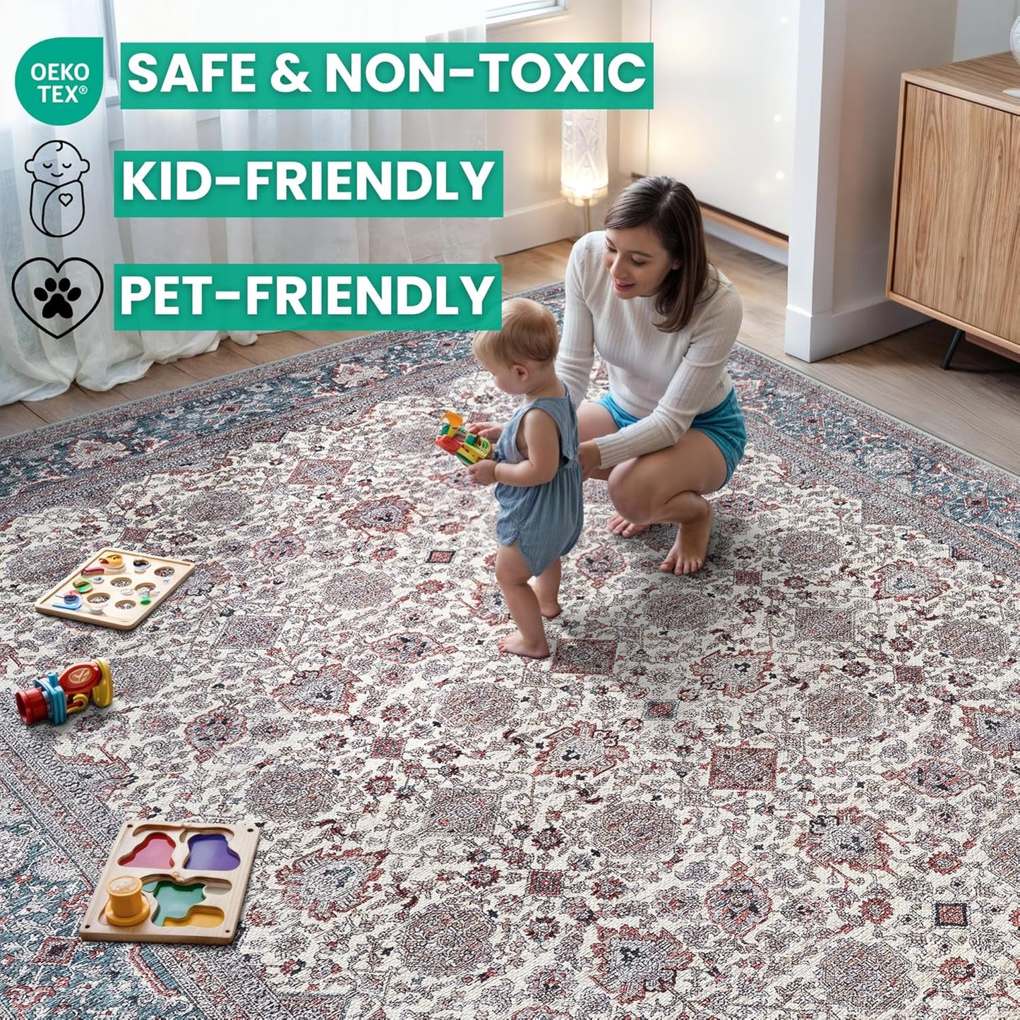 Bloom Rugs Washable Non-Slip 3' x 5' Rug - Teal/Blue/Beige Traditional Oriental Area Rug for Living Room, Bedroom, Dining Room, and Kitchen - Exact Size: 3' x 5'