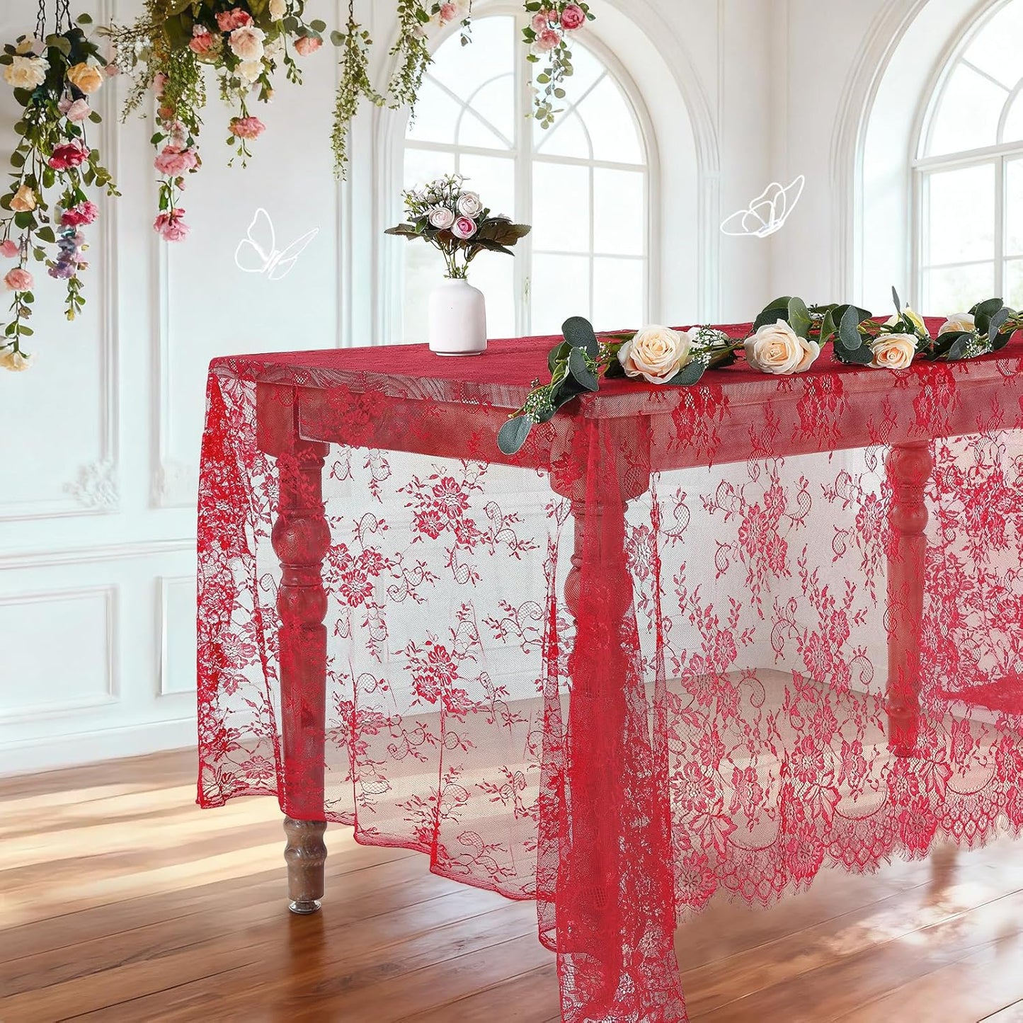 LuoluoHouse Christmas Lace Tablecloth 6pcs Rose Floral Table Fabric 60x120 Inch for Rustic Theme Party Wedding Decoration Rectangle Overlay Long Embroidered Reception Table Cloth Decor