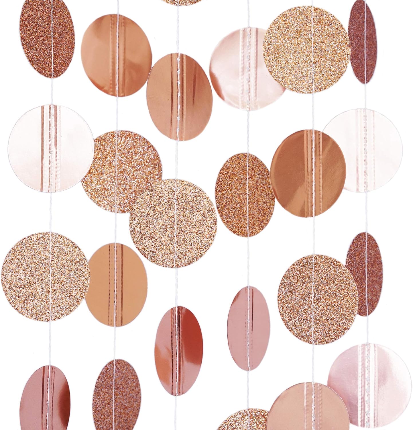Circle Dots Paper Party Garland Streamer Backdrop (10-Pack, 10 Feet Per Garland, 100 Feet Total) - Rose Gold Glitter