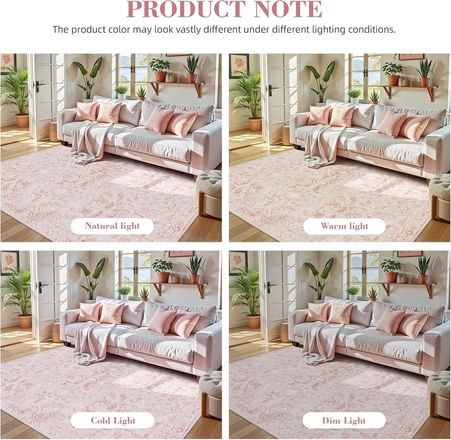 Pink Area Rugs 8x10 Rugs for Living Room, Traditional Washable Rugs for Bedroom Distressed Large Area Rug Living Room Rug Non Slip Rug Carpet for Dining Nursery