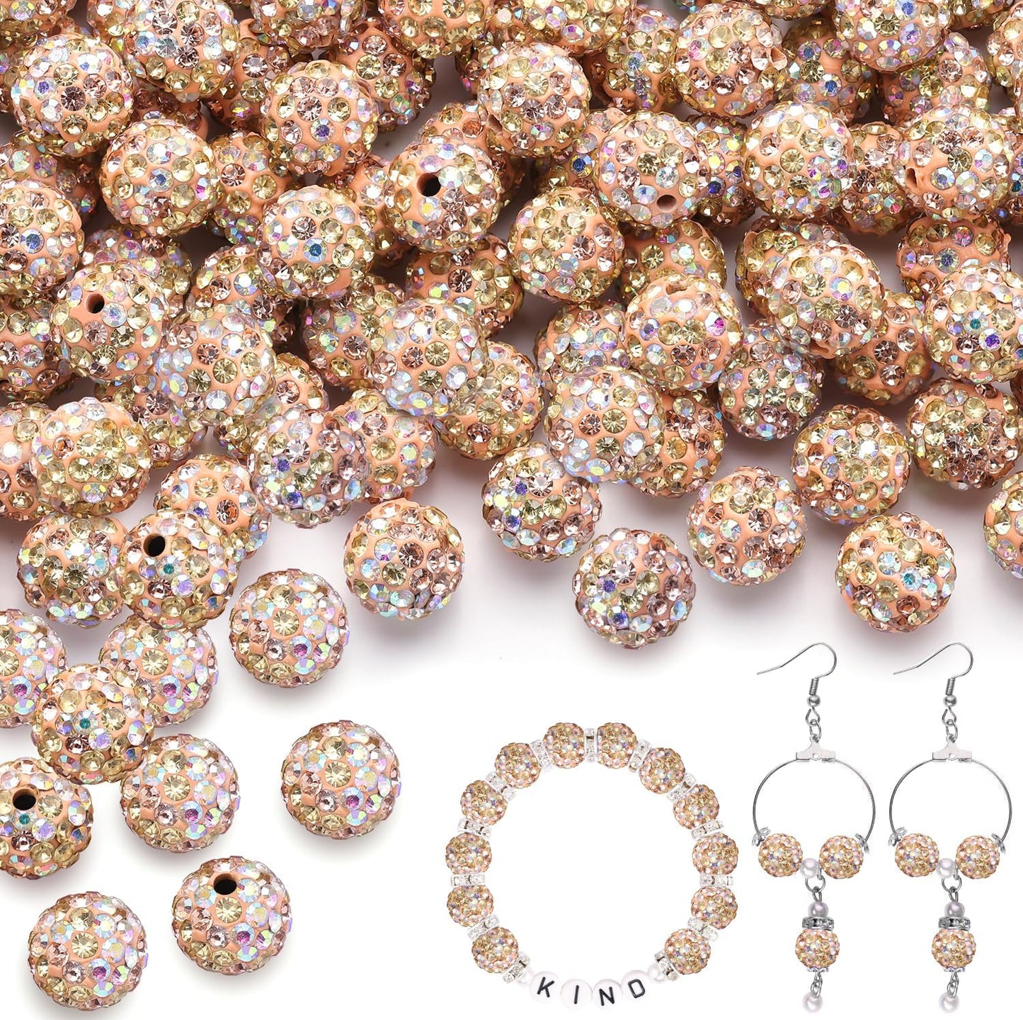 150pcs 10mm Rhinestone Beads for Jewelry Making, Light Peach AB Shiny Round Shamballa Disco Beads Bulk, Sparkle Crystal Clay Christmas for Bracelet Baseball Necklace Earring Crafting and DIY