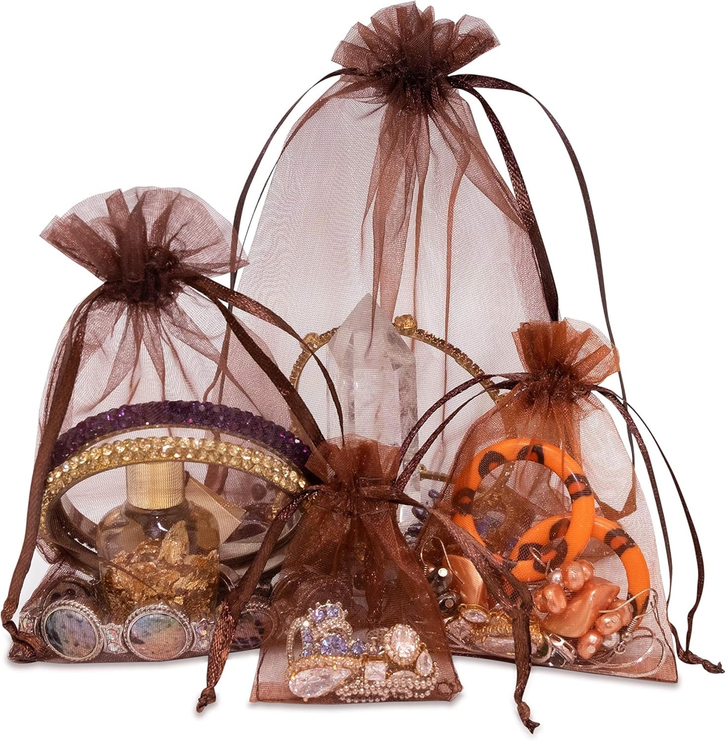 TheDisplayGuys 100-Pack 4x6 Brown Sheer Organza Gift Bags with Drawstring, Jewelry Candy Treat Wedding Party Favors Mesh Pouch