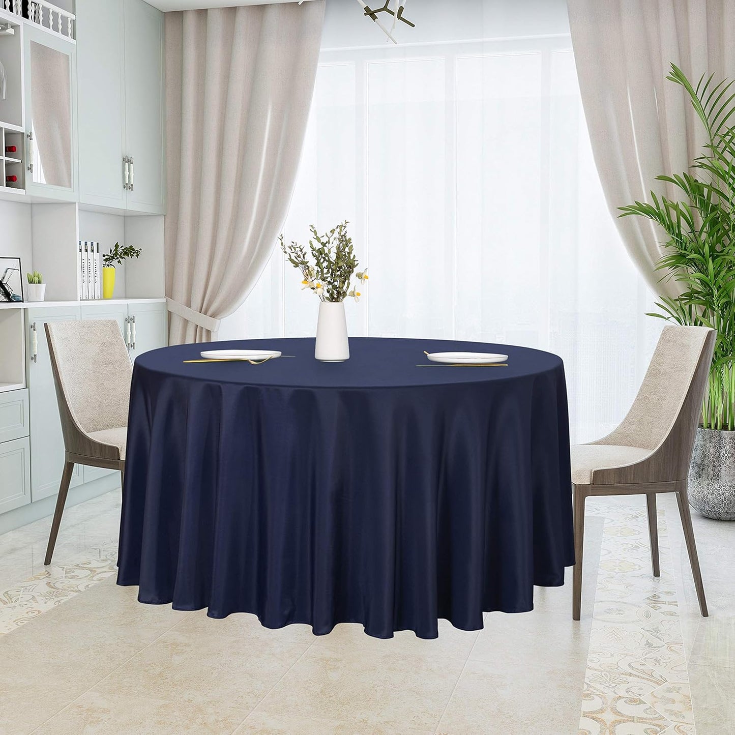 sancua Round Tablecloth - 108 Inch - Water Resistant Spill Proof Washable Polyester Table Cloth Decorative Fabric Table Cover for Dining Tables, Buffet Parties and Camping, Navy