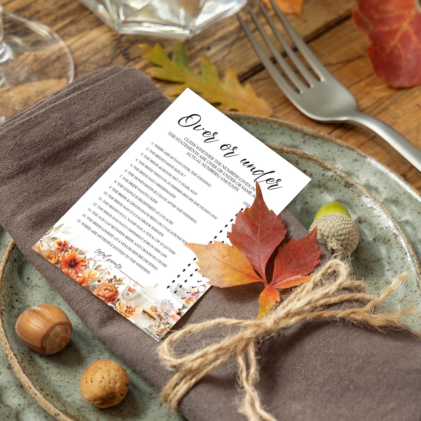 Fall Bridal Shower Games Cards, Over Or Under Wedding Bachelorette Party Games, Fall in Love Bridal Shower Decorations, 25 Cards, G04