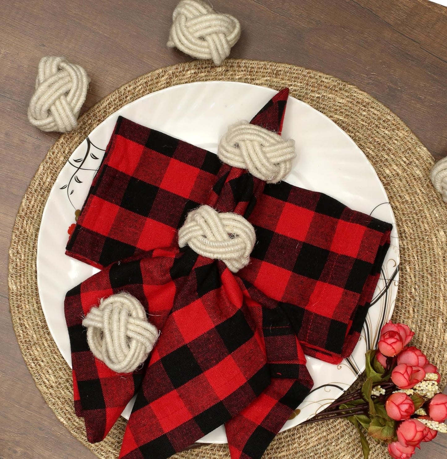 Farmhouse Napkin Ring Set of 12 - Handwoven Cotton & Jute Knot Design for Table Decor, Weddings, Dinner Parties & Everyday Dining - Decorative Adornment for Table Setting (Off White) - CLEENTABLE