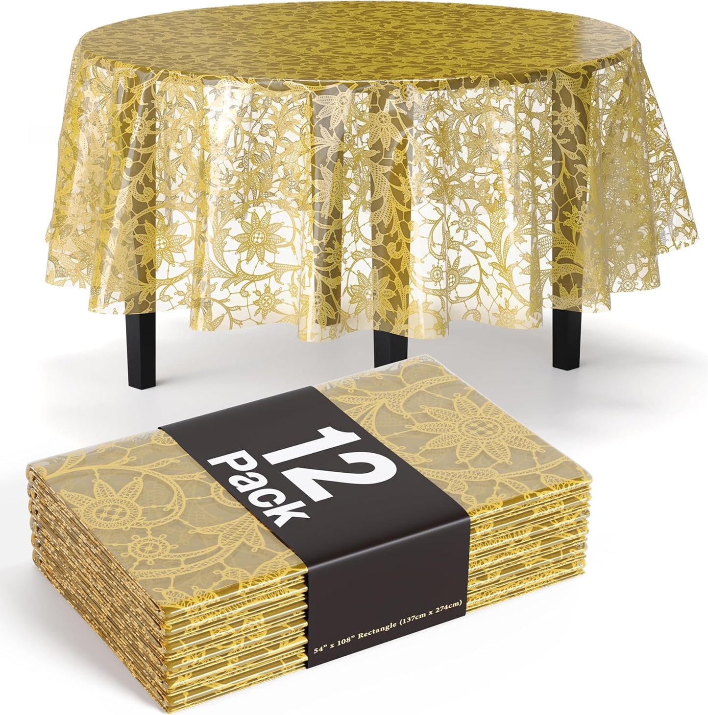 Exquisite Lace Table Cloth Round Table Plastic 12-Pack Lace Tablecloth Round 84" | Clear & Gold Floral Tablecloth Disposable | Wild Flower Party Decorations & Party Supplies