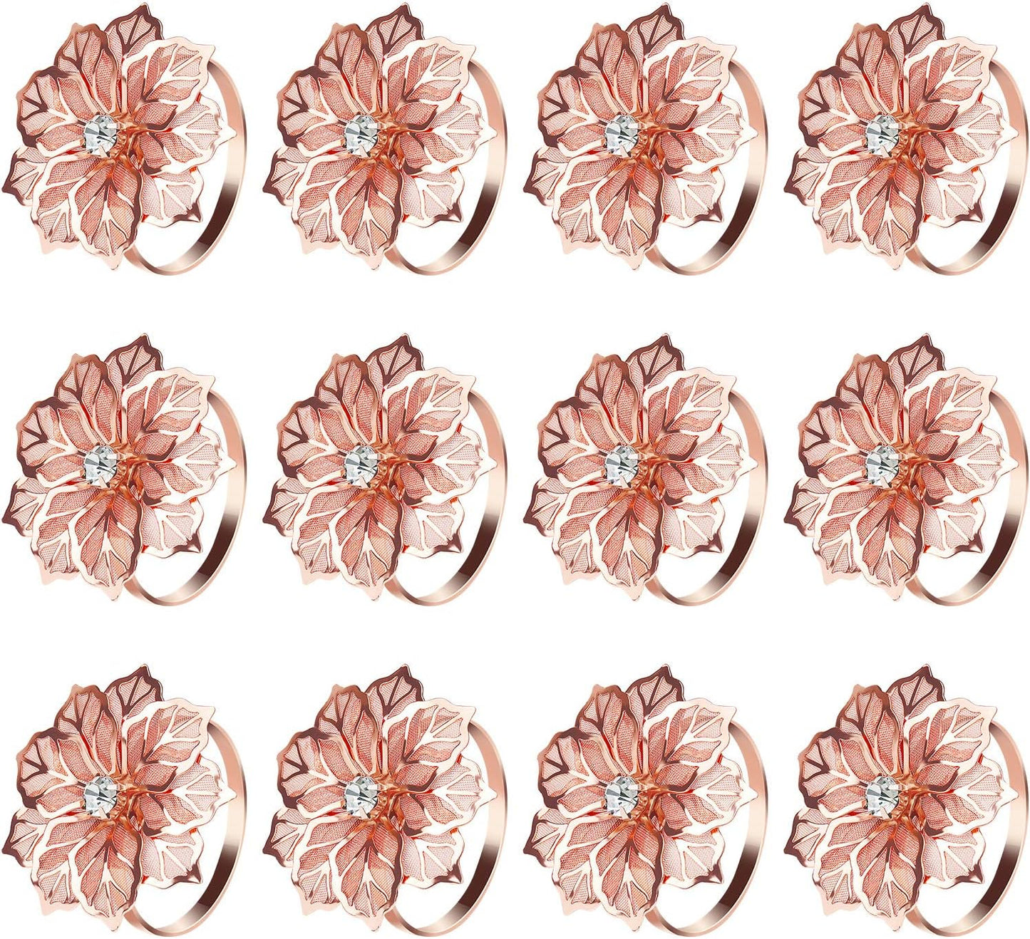 KPOSIYA Hollow Out Flower Napkin Ring Holder Metal Napkin Rings Set of 20 for Wedding Party Holiday Banquet Christmas Dinner Delicate Serviette Buckles Decor Favor (20, Flower-Rose Gold)
