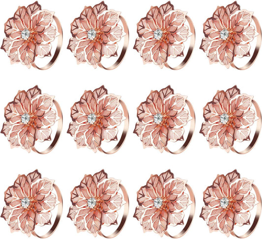 KPOSIYA Hollow Out Flower Napkin Ring Holder Metal Napkin Rings Set of 20 for Wedding Party Holiday Banquet Christmas Dinner Delicate Serviette Buckles Decor Favor (20, Flower-Rose Gold)