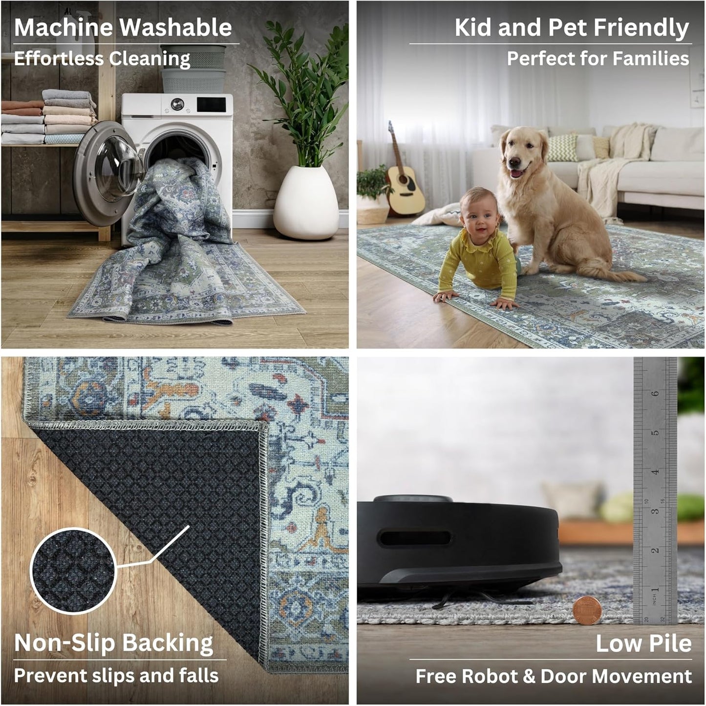 Bloom Rugs Washable Non-Slip 12 ft Runner - Green/Blue Traditional Medallion Runner for Entryway, Hallway, Bathroom, and Kitchen - Exact Size: 2.5' x 12'