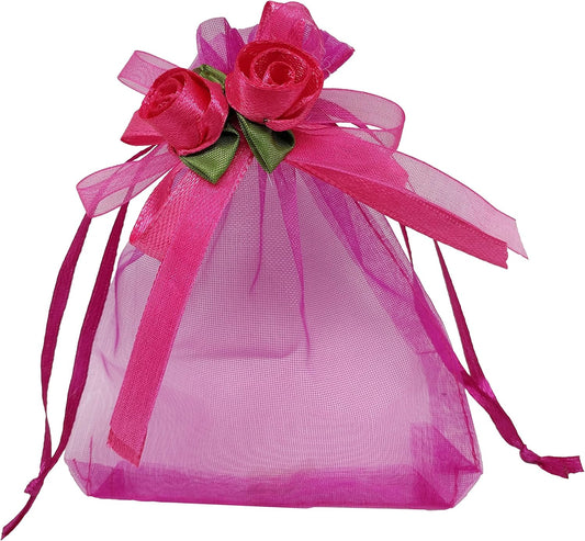 Ankirol 50pcs Sheer Organza Favor Bags For Wedding 3.8x4.8'' Gift Bags Samples Display Drawstring Rose Pouches (hot pink)