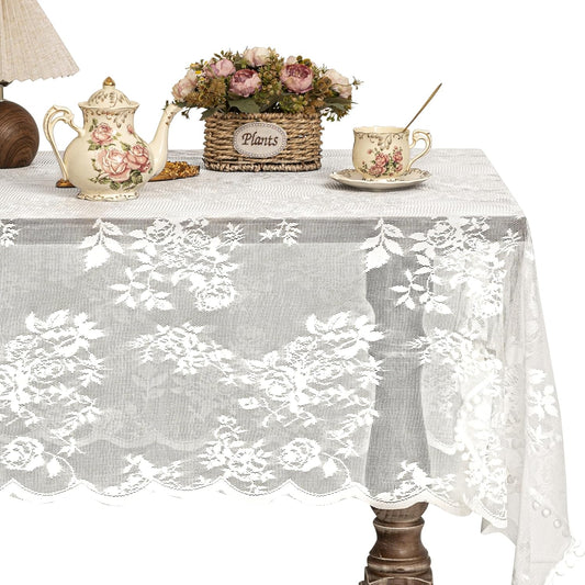 Jayla White Lace Tablecloth for Rectangular Tables, Vintage Style Wedding Table Cloths for Reception, Baby Shower, Birthday Party, Formal Dining, Dinner Parties 60 X 102 Inches