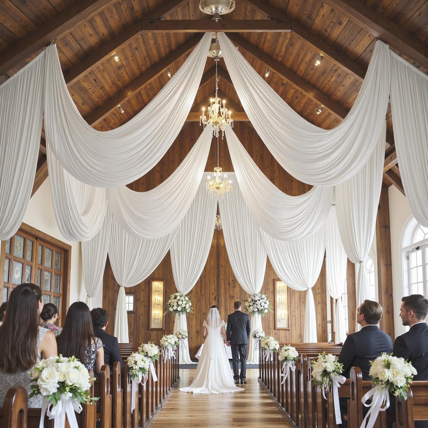 PartyVillage 12 Panels 5ftx30ft White Ceiling Drapes for Wedding Parties – 30 FT Extra Long Thick Polyester Wrinkle-Free Drapery Tent Decor Decorations for Birthday Party Ceremony Stage Swag
