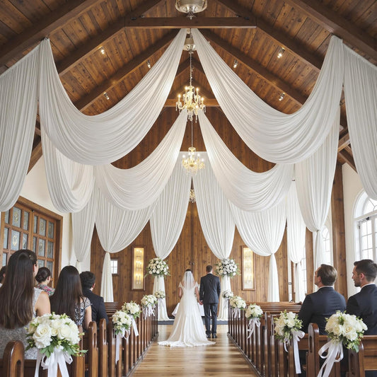 PartyVillage 12 Panels 5ftx30ft White Ceiling Drapes for Wedding Parties – 30 FT Extra Long Thick Polyester Wrinkle-Free Drapery Tent Decor Decorations for Birthday Party Ceremony Stage Swag