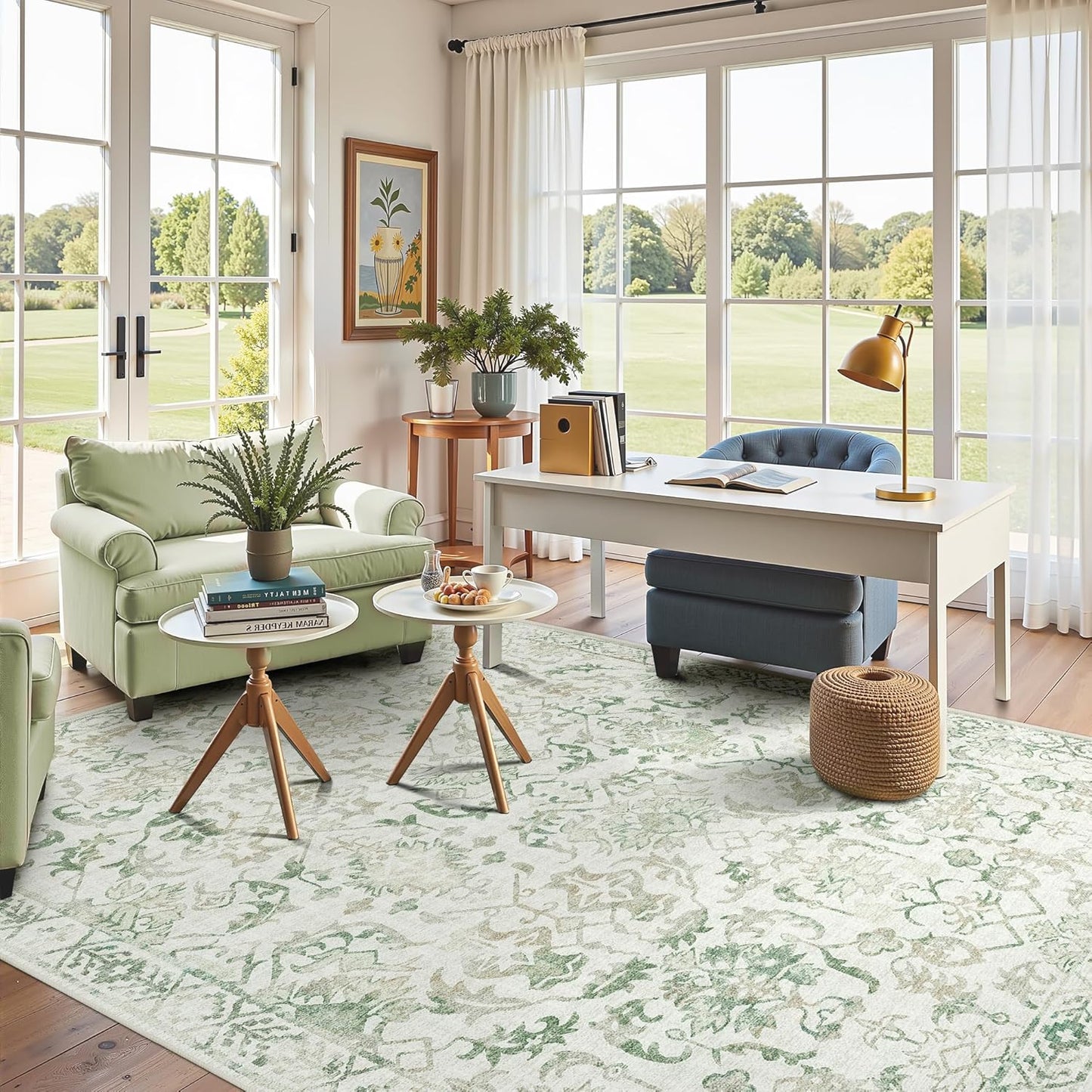 Beige Green Area Rugs 6x9 for Living Room, Washable Vintage Rugs for Bedroom, Distressed Throw Rug, Non Slip Rug Carpet for Bedroom Dining