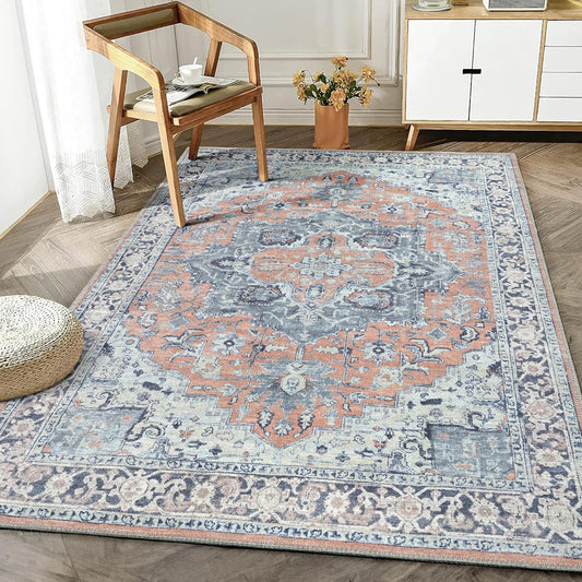 Bloom Rugs Washable Non-Slip 4' x 6' Rug - Coral/Blue Traditional Medallion Area Rug for Living Room, Bedroom, Dining Room, and Kitchen - Exact Size: 4' x 6'