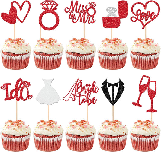 30 PCS Bride to Be Cupcake Toppers Glitter Miss to Mrs I Do Love Heart Ring Cupcake Picks Wedding Bridal Shower Cake Decorations for Wedding Engagement Bachelorette Party Supplies Red