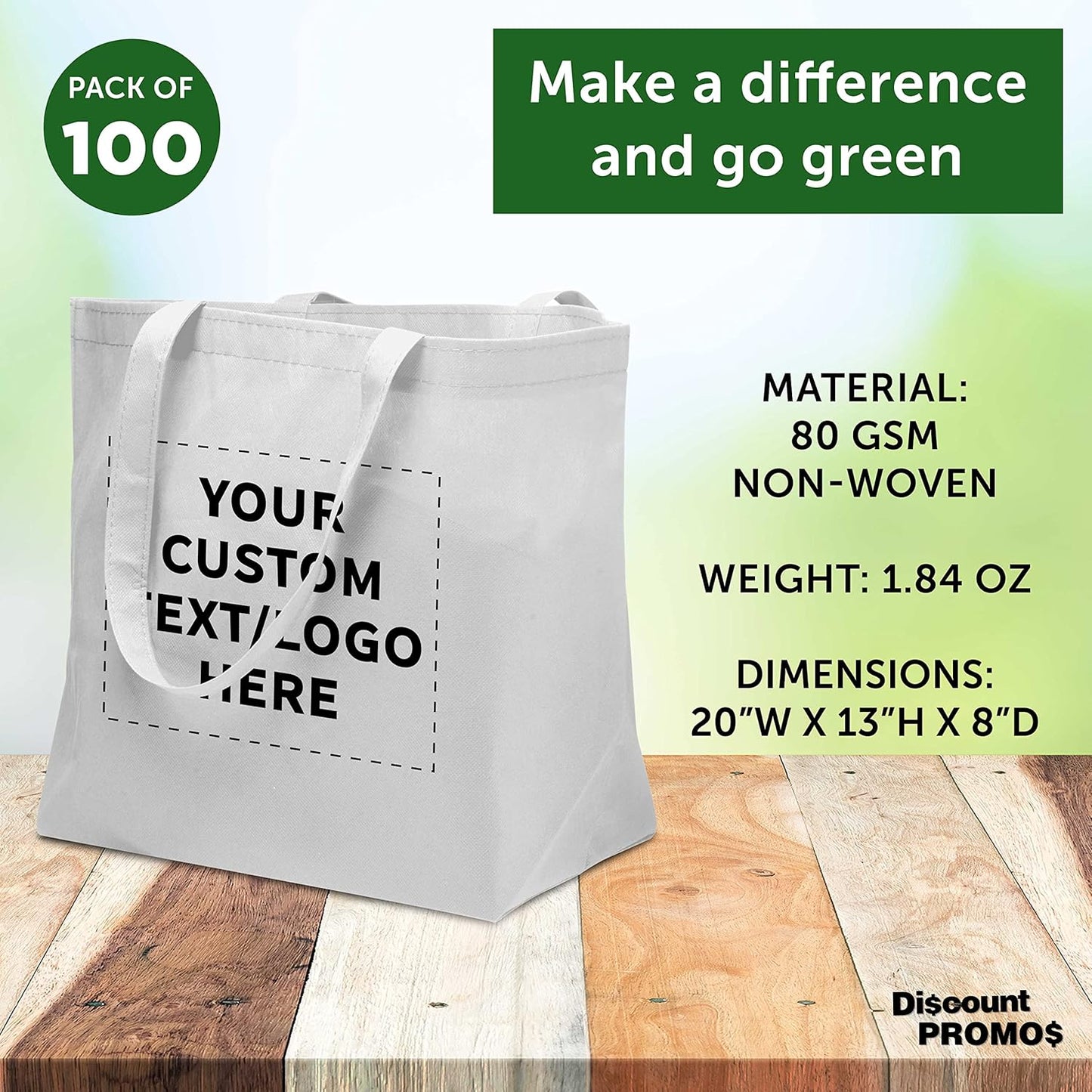 DISCOUNT PROMOS Custom Southern Style Grocery Tote Bags Set of 100 - Personalized Bulk Pack, Reusable Grocery & Shopping Bags - Great for Travel, Carry on Bag, Business Promotions - White - 20"X13"X8"