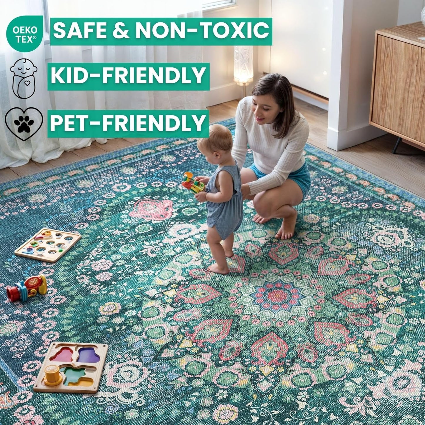 Bloom Rugs Washable Non-Slip 5' x 7' Rug - Green Traditional Medallion Area Rug for Living Room, Bedroom, Dining Room, and Kitchen - Exact Size: 5' x 7'