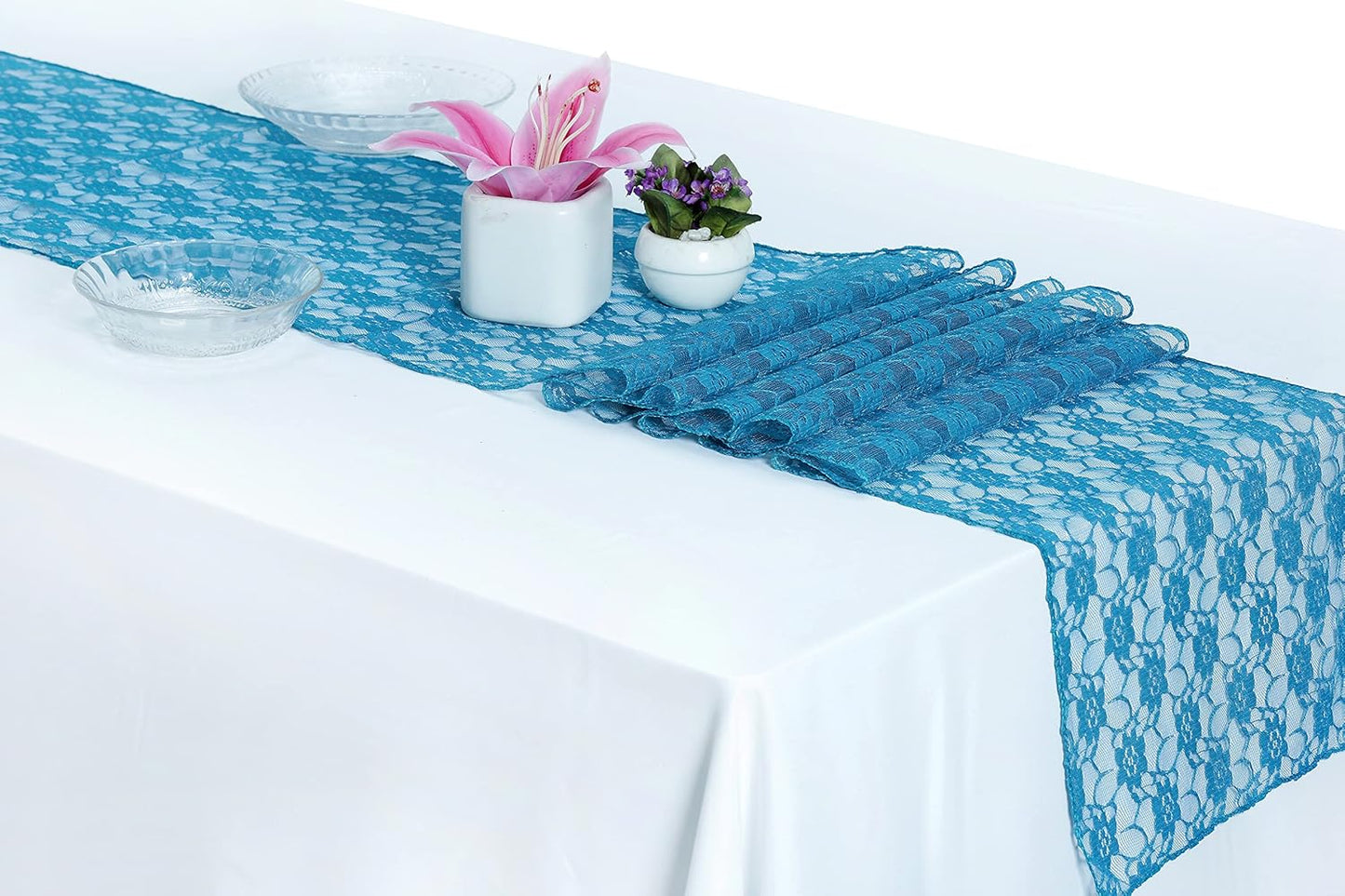 MDS Pack of 20 Wedding 12 x 108 inches Lace Table Runner for Wedding, Decorations for Birthday Parties, Banquets, Graduations, Engagements, and Runners fit Rectangle, Round Table- Dark Teal