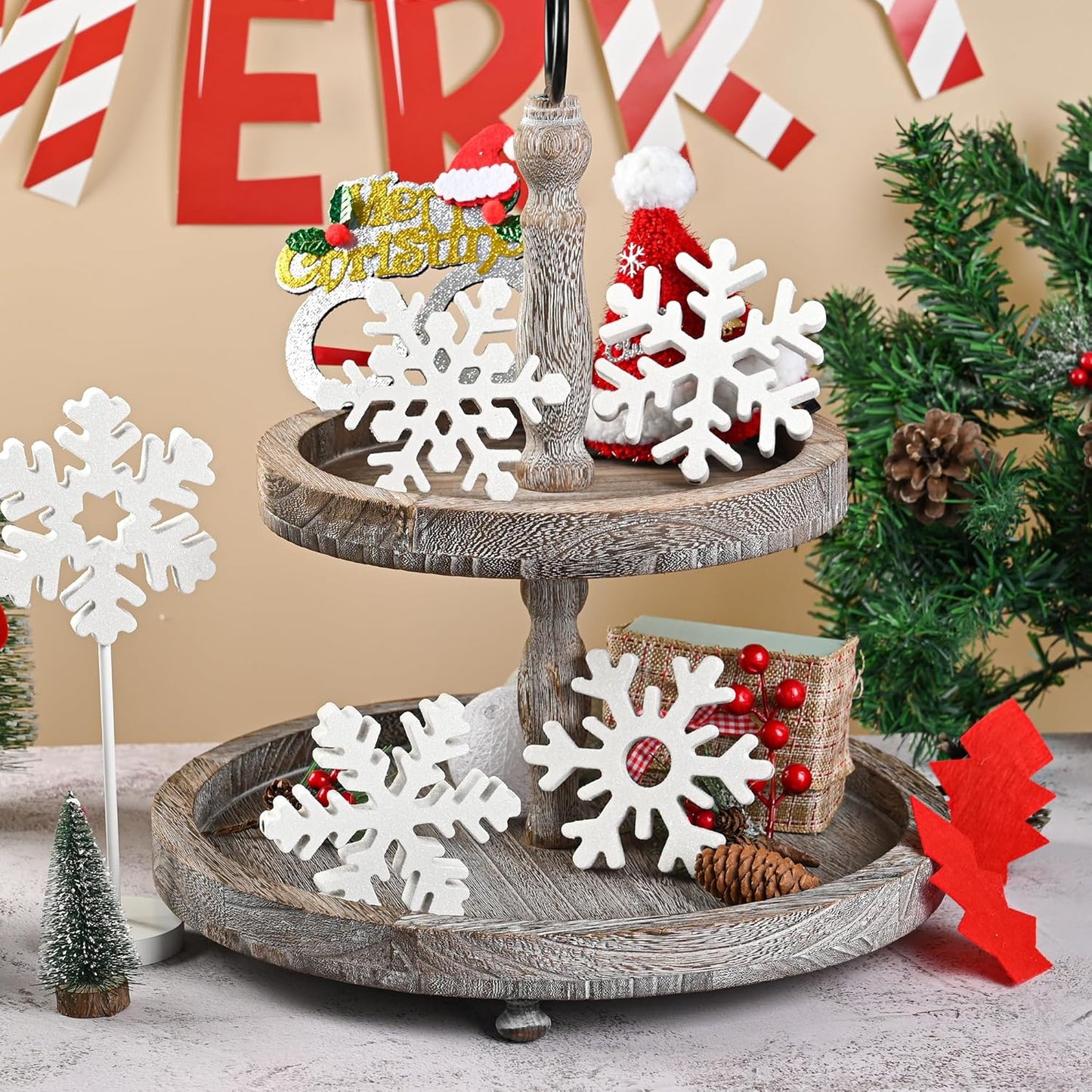 5 Pcs Wooden Christmas Snowflake Sign Winter White Glitter Snowflake Decorations Holiday Wonderland Snowflake Wood Stand Signs for Xmas Party Home Tabletop Tiered Tray Decor