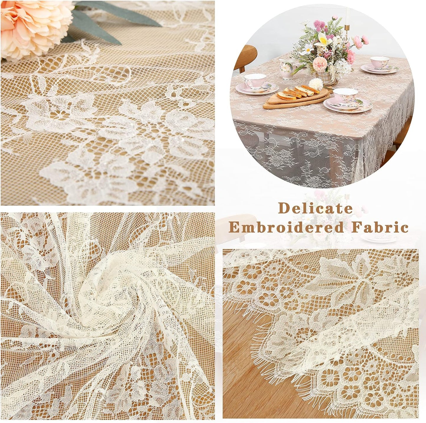 LuoluoHouse Set of 2 Ivory Lace Tablecloths Rectangle Chic Wedding Embroidered Tablecloth 60x120 inch Decorative Tablecloth for Farmhouse Party Birthday Kitchen Table Linens