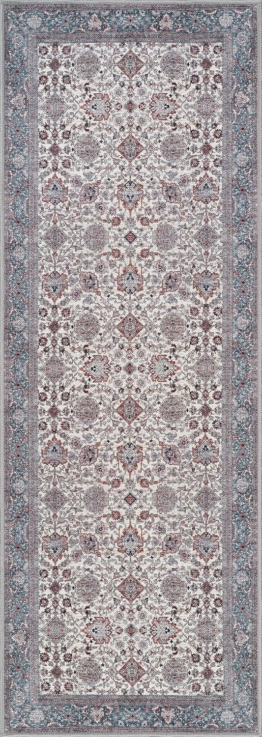 Bloom Rugs Washable Non-Slip 7 ft Runner - Teal/Blue/Beige Traditional Oriental Runner for Entryway, Hallway, Bathroom, and Kitchen - Exact Size: 2.5' x 7'