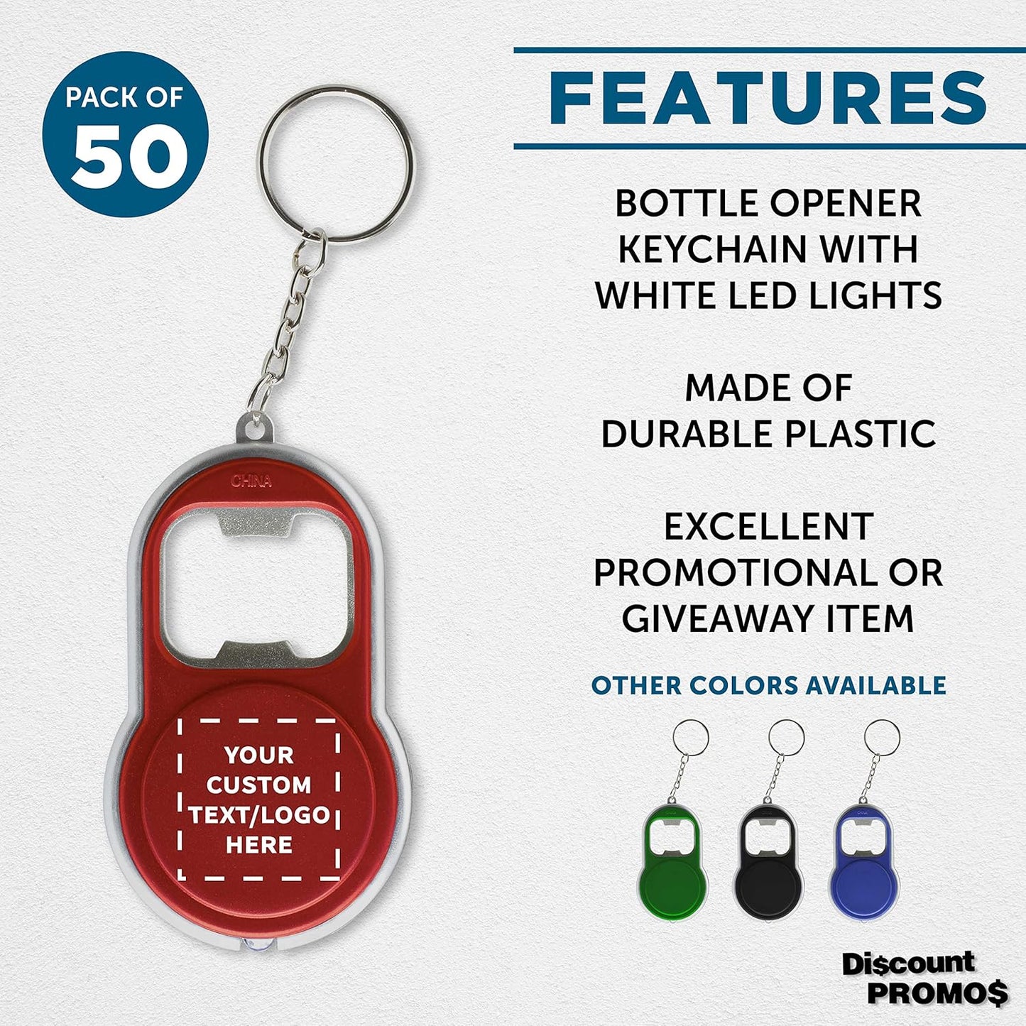 DISCOUNT PROMOS Custom Bottle Opener & LED Keychains Set of 50, Personalized Bulk Pack - Perfect for Tradeshows, Party Favors, Other Events - Red