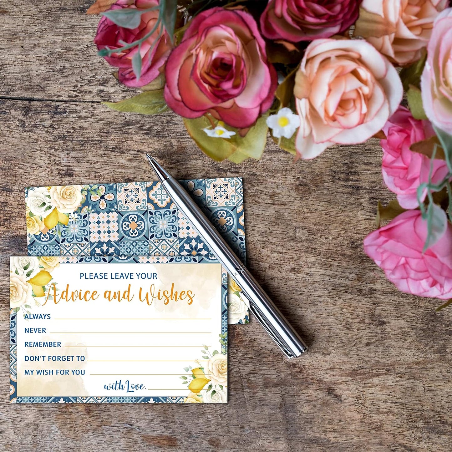 Mediterranean Lemon Advice and Wishes Cards, 25 Pcs Italian Blue Tiles Double Sided Advice Cards for The Bride and Groom, Mr and Mrs, Bride Shower, Wedding Reception, Engagement Party(01)