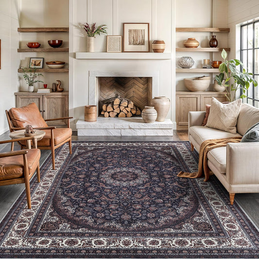 Bloom Rugs Washable Non-Slip 8' x 10' Rug - Navy Traditional Medallion Area Rug for Living Room, Bedroom, Dining Room, and Kitchen - Exact Size: 8' x 10'