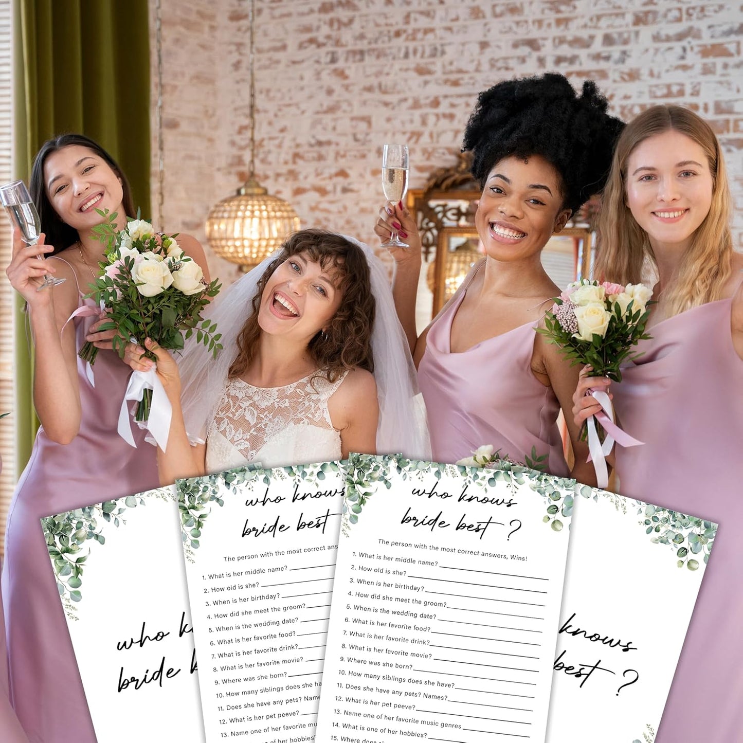 Eucalyptus Bridal Shower Game Cards - Who Knows Bride Best, Wedding Engagement Bachelorette Party Bridal Shower Games for 30 Guests, Double Sided Cards Set of 30, Activity Supplies & Favor/A11
